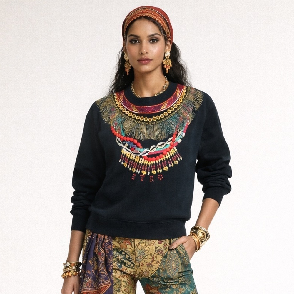 Etro bead and feather print sweatshirt. Beaded details. Size 42 (US size 6)